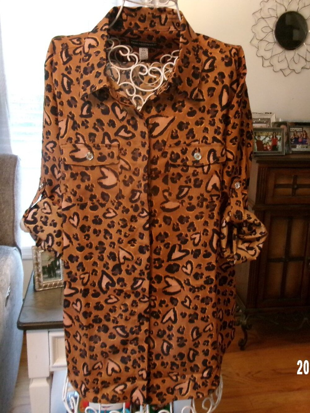 Karl Lagerfeld Top Blouse Brown Hearts Animal Print Long Sleeve Button Size L